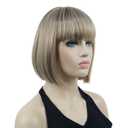 Lydell 8" Straight Short Bob Hair Flat Bangs Cute Central Dot Skin Top Heat Resistant Synthetic Wigs (H16/613 Blonde Highlighted)
