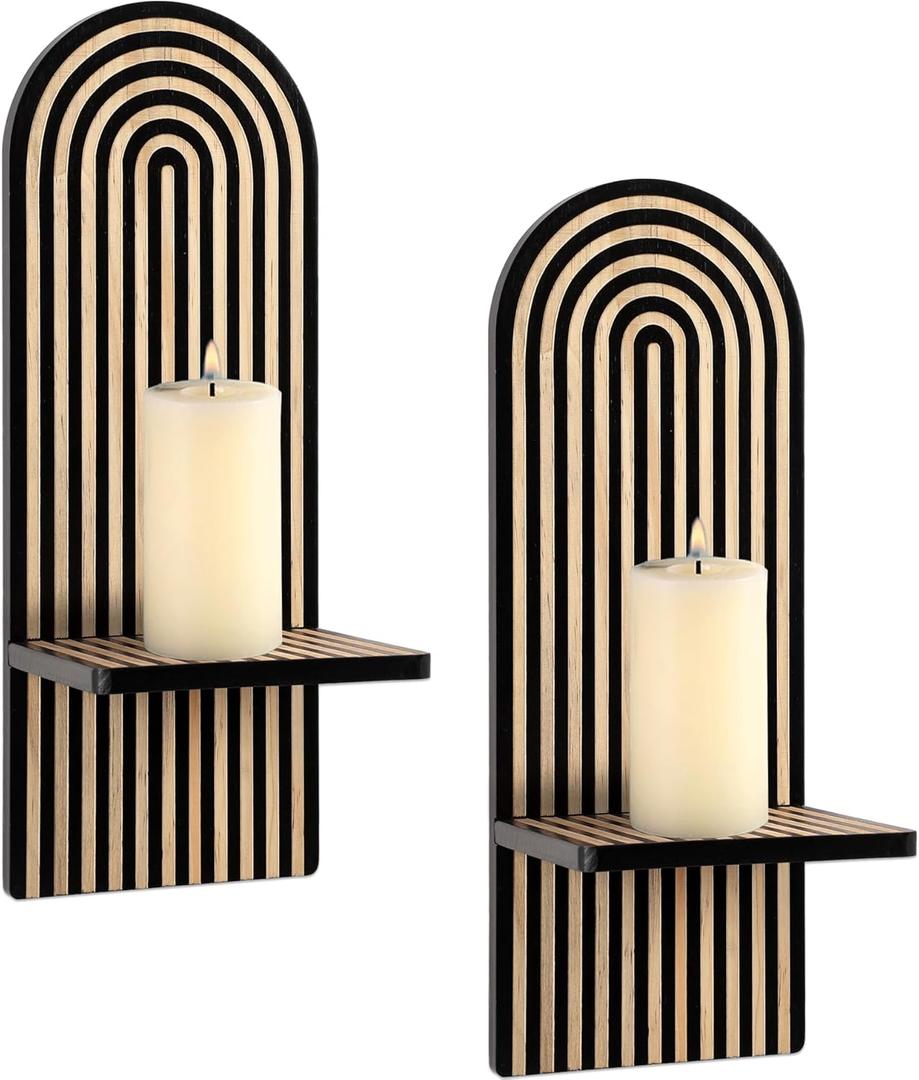 SOMTO 2Pcs Black Wall Hanging Candle Sconces - Wall Mounted Wood Rainbow Boho Wall Shelves Candle Holders for Living Room Bathroom Bedroom Classroom Office Nursery Wall Decor