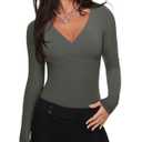 REORIA Women's Long Sleeve Cross Wrap Ruched Bodysuit Sexy Deep V Neck Slim Fit Body Suit Concert Tops Thyme Small