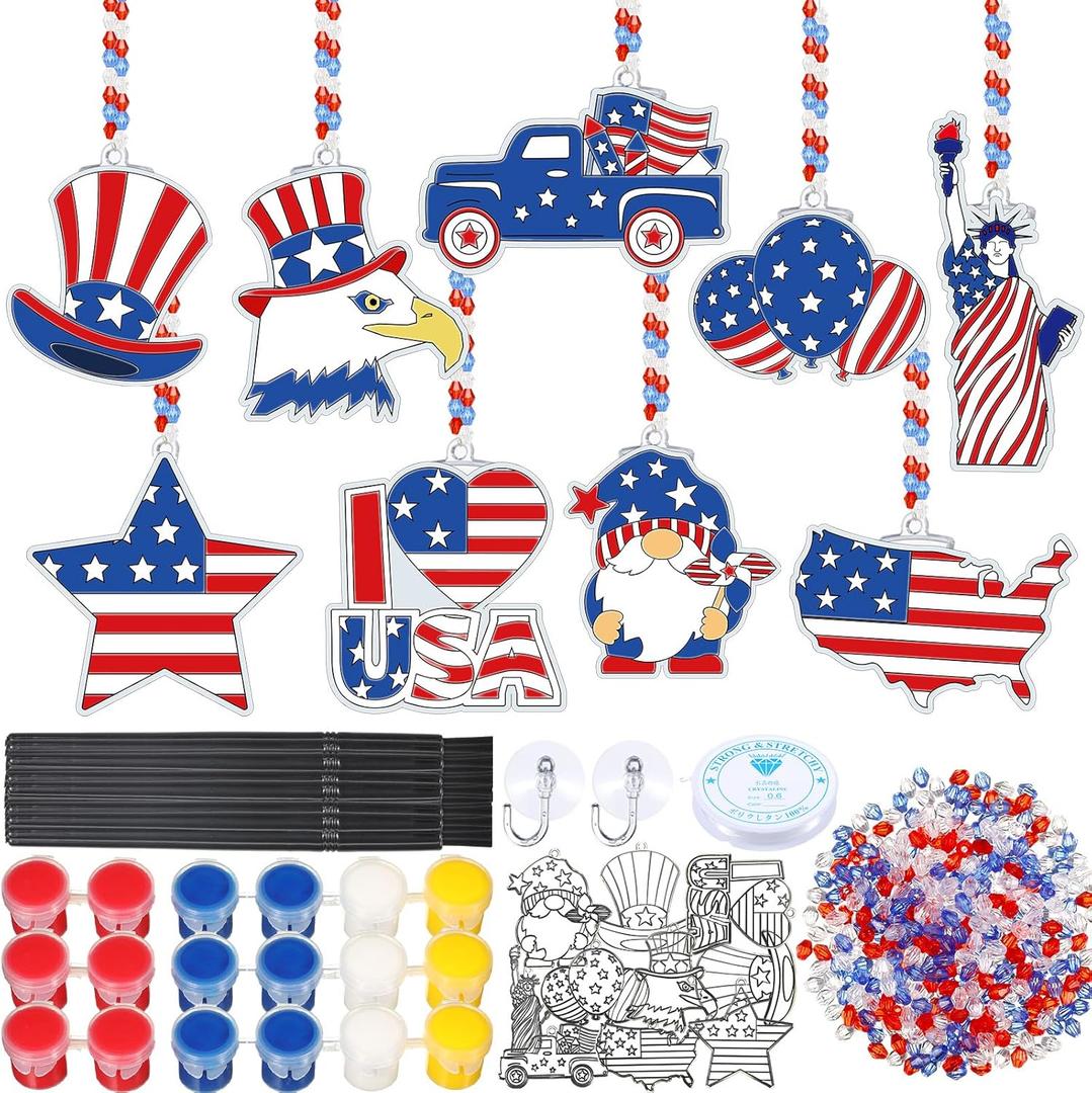 Pasimy 36 Sets 4th of July Crafts Kit Patriotic Suncatchers Paint Your Own American Flag Window Hanging Ornaments Decorations Red Blue White Art Gifts for Independence Day Party Classroom Activity