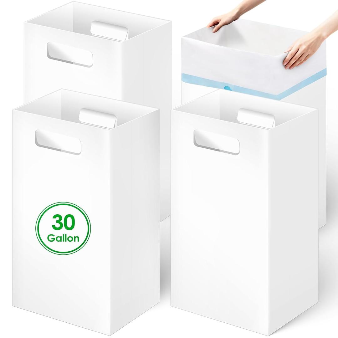 4 Pack Extra Large Disposable Trash Cans, Reusable Portable Garbage Can with Handle, 30 Gallon Extra Thick Collapsible Recycled Cardboard Garbage Can Recycling Bins for Parties,White (30x14x14 Inches)