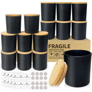 15 Pack Glass Candle Jars- 7 fl.oz Matt Black Empty Candle Jars with Bamboo Lids and Sticky Labels, Bulk Candle Containers for Making Candles for Halloween