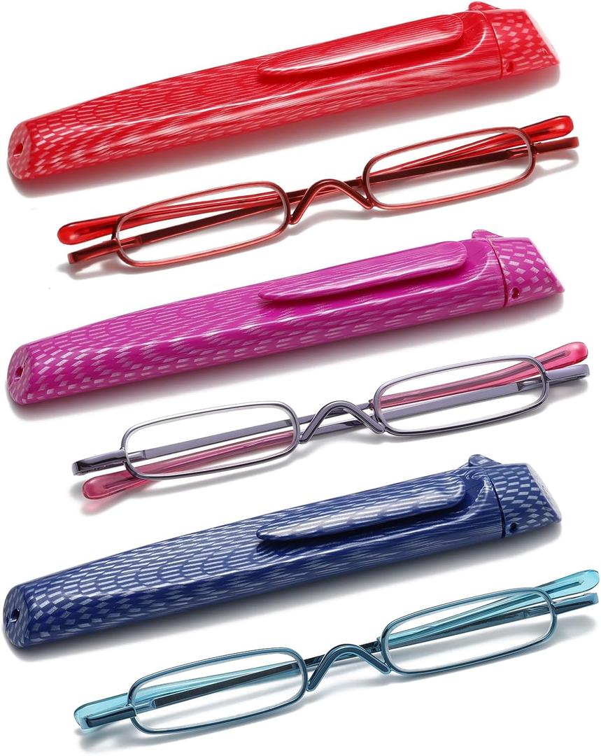 Pocket Reading Glasses with Pen Clip Case - Slim Mini Compact Readers Portable Spring Hinge Eyeglasses (Red, Purple, Blue, +1.75)