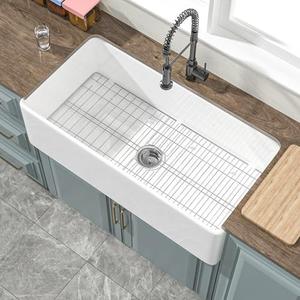HOMLYLINK White Farmhouse Sink 36 x 18 Inch, Firecaly Apron Front Farm Kitchen Sink, Extra Large Capacity, Heavy Duty Single Bowl, with Accessories 2 Types, Undermount, Pure White, for Kitchen