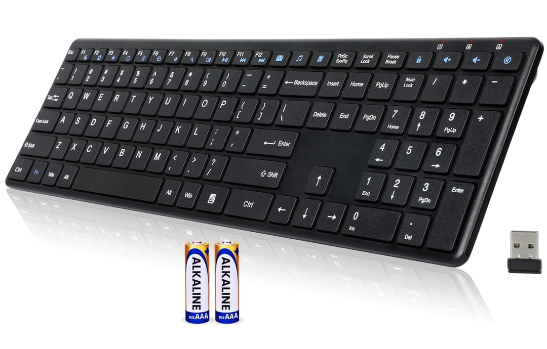 Wireless Keyboard2.4G USB Ultra Slim Quiet Full Size Matte PC Computer Keyboard,19 Multimedia Keys,Number Pad,Plug&Play,LagFree Ergo,Long Battery Life for Desktop,Laptop,Smart TV,MAC,Windows,QWERTY