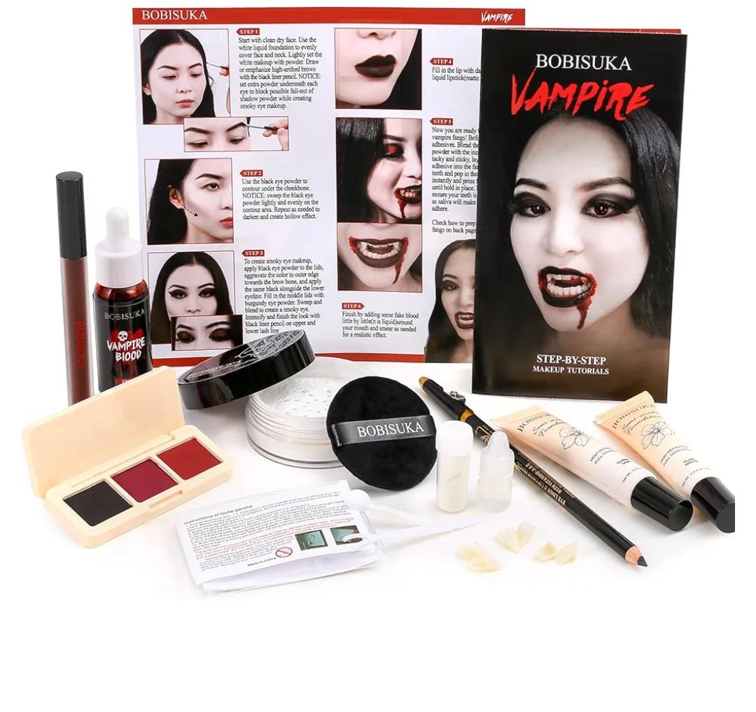 Halloween Vampire Makeup Kit, Complete Vampire SFX Make Up Set with Vampire Teeth Fangs, Fake Blood and White Foundation for Cosplay, Costume Party, Stage, Movies & Theater