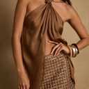 Seyumixi Women Elegant Silk Satin Top Halter Neck Knot Dressy Draped Tops Sleeveless Sexy Backless Going Out Top (Brown, L)