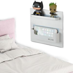 Bedside Shelf Organizer,Stick On Adhesive Wall Mounted Shelf Holder for Phone,Reading Glasses,Remote Control - Good for Home,Dorm,Bedroom,Office (Horizontal Type/White)