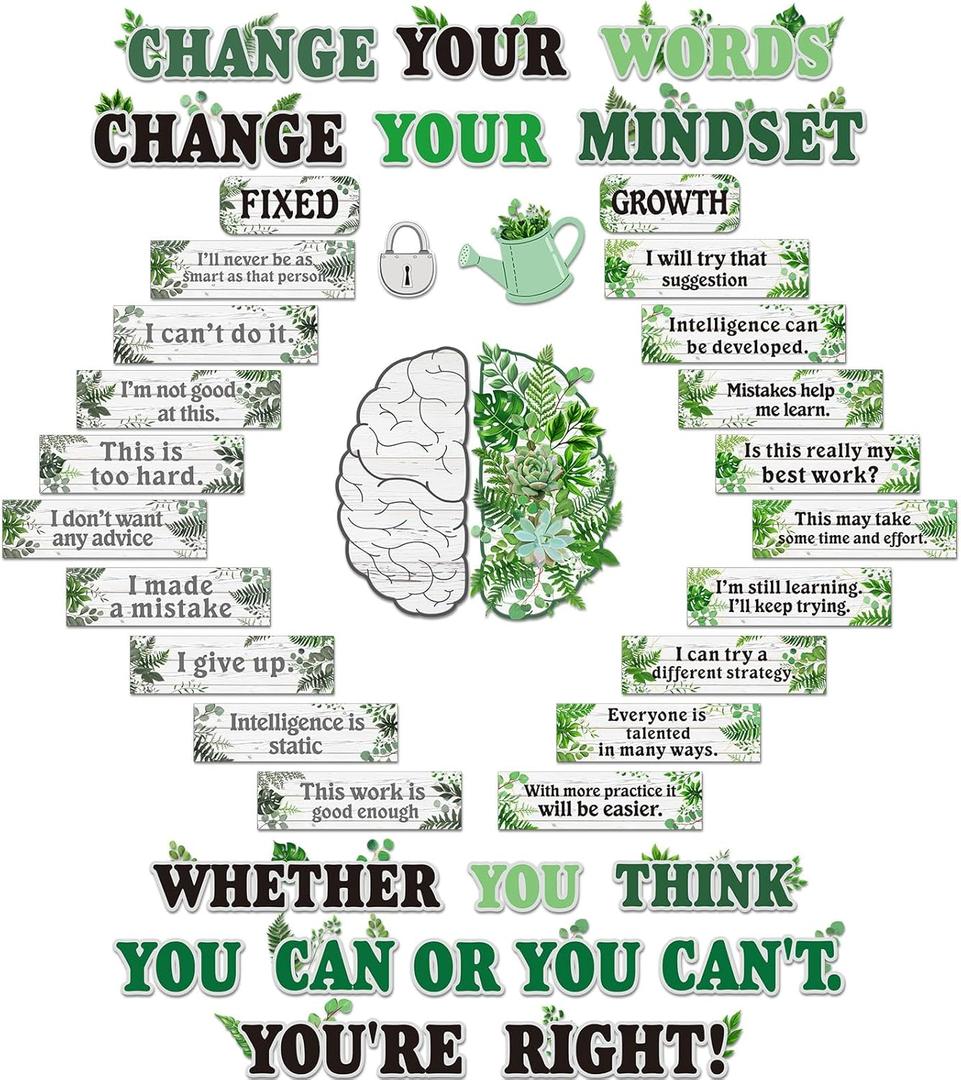 Qilery Plant Themed Growth Mindset Posters for Classroom Decorations Farmhouse Eucalyptus Greenery Growth Mindset Bulletin Board Set Motivational Positive Back to School Elementary Middle High School