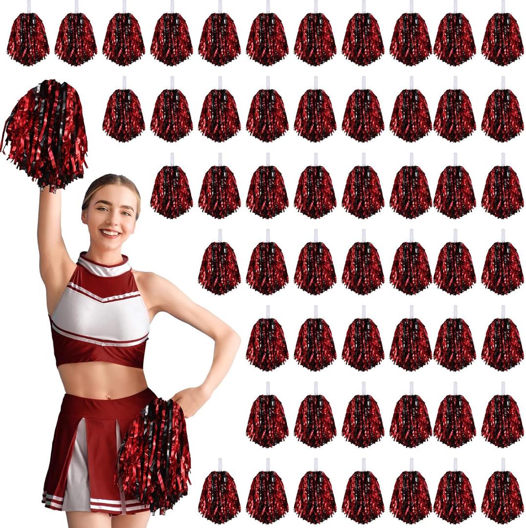 60 Pcs Cheerleading Pom Poms Cheering Pompoms Bulk Cheer Metallic Foil Pom with Baton Handle Plastic Poms Squad for Game Team Spirit Sports Dancing Basketball Club (Black, Red)