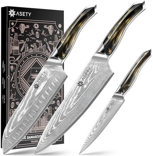 ASETY Damascus Knife Set 3 PCS: Ultra-Sharp Professional Chef Knife Set, Japanese Kitchen Knives with VG10 Steel Core, Full Tang Resin Handle, Elegant Box for Men Women, Mothers Day