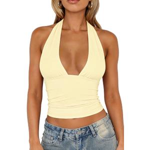 TiulZial Womens Sexy Halter Tops Deep V Neck Backless Tank Top Open Back Sleeveless Slim Fit Y2k Summer Crop Tops (Yellow, M)