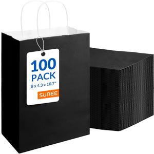 SUNEE Gift Bags with Handles 8x4.3x10.7, 100 Pcs Paper Bags Medium Size Bulk for Gift Wrapping, Retail, Party Favors and Small Business - Black