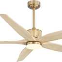 LEDLUX 60" Ceiling Fan with Light  Remote Control, Solid Wood, Quiet Reversible DC Motor, Light Oak/Gold Finish, Includes 4.5"/12" Downrods, Noiseless Ceiling Fan for Bedroom, Living Room, Porch