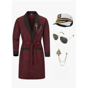 Men Silk Robe Red Jacket Hugh Costume With Belt Brooch Captain Sailor Hat Toy Glasses Set Halloween Hefne Costume Men, Size 3XL