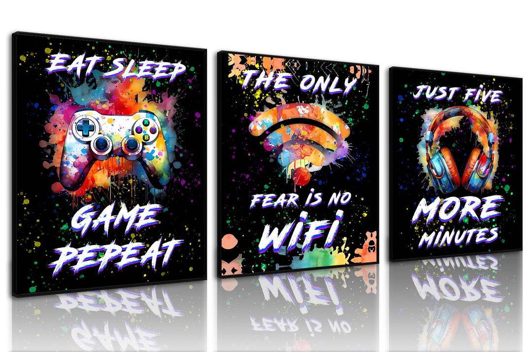 Framed Video Game Decor Set of 3 Boys Room Posters,Graffiti Gaming Wall Art,Game Room Decor,Video Game Print,Video Game Art Gift for Kids Boy Playroom Home Decor-12 x16
 (12"x16"x3)
