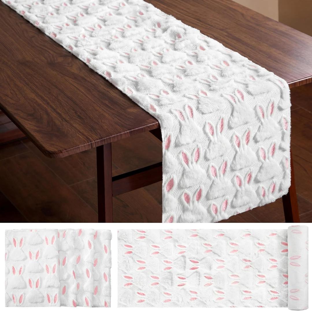 Hahafelt 5 Pcs Easter Bunny Table Runner with 4 Placemats Plush Pink White Rabbit Soft Faux Fur Jacquard Runner Spring Kitchen Dining Table Decoration for Home Party Decor, 13x72 Inch