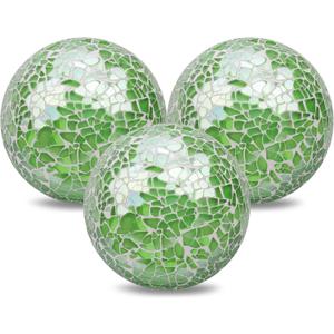 Mosaic Round Glass Ball 3PCS 3.34 Inch Crackl Solid Sphere Coffee Table Centerpiece Orbs Bowls Vases Dining Table Balls Decorative(Green)