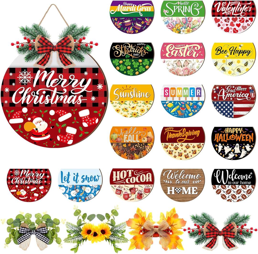Vicenpal Interchangeable Welcome Sign for Front Door with 17 Magnetic Icons, Wooden Seasonal Front Porch Door Decor with 4 Seasonal Wreaths and 17 Changeable Icons for Holiday Party (White)