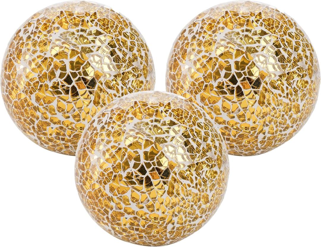 TOPZEA 3 Pack 4 Inch Gold Mosaic Glass Orbs, Decorative Balls Mosaic Spheres for Vase Fillers, Dinning & Coffee Table Centerpieces, Bowl Decor, Home & Christmas Decorations