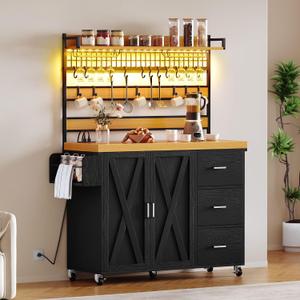 DWVO Farmhouse Bakers Rack with Power Outlet and LED Light, 53 inch Coffee Bar Cabinet Station with Storage, Microwave Stand on Wheels, with Wine Racks, Shelves, Goblet Holder and 14-S Hooks (Black)
