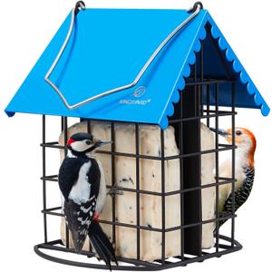 Kingsyard Double Suet Bird Feeder with Weatherproof Roof & Perch, All Metal, Suet Cakes Cage Bird Feeder for Outdoors Hanging, Easy to Clean & Refill, Blue