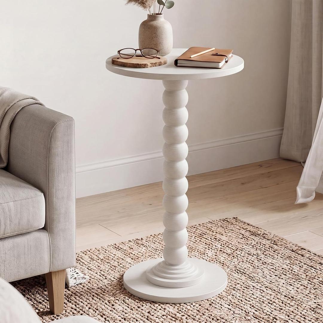 DUMOS Round Side Table, Modern Accent Living Room Stand with Solid Wood Leg, Small Drink Table for Bedroom, Corners and Office White, 11.8 Inch