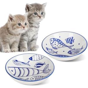 HAPPY KIT 1Pcs Wide Shallow Cat Bowls,8.5oz Colorful Plate Set with Non-Slip Mat,5.7 inch Indoor Ceramic Cats Dish/Dishes Relief of Whisker Fatigue - Microwave and Dishwasher Safe