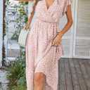 PRETTYGARDEN Women's Summer Floral Boho Maxi Dress Short Sleeve Wrap V Neck Ruffle Long Flowy Beach Wedding Guest Dresses, L