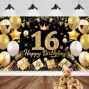 Happy 16th Birthday Banner Backdrop Black and Gold - 71x43 Fabric - Large Happy Birthday Sign for Backdrop, Birthday Party Photo Background Decorations for Men Women