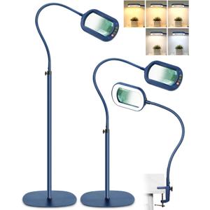 10X Rectangle Magnifying Glass with Light and Stand, 24" Flexible Gooseneck 3-in-1 Floor Lamp, 5 Color Modes Stepless Dimmable, LED Lighted Hands Free Magnifier for Reading Painting Close Work - Blue