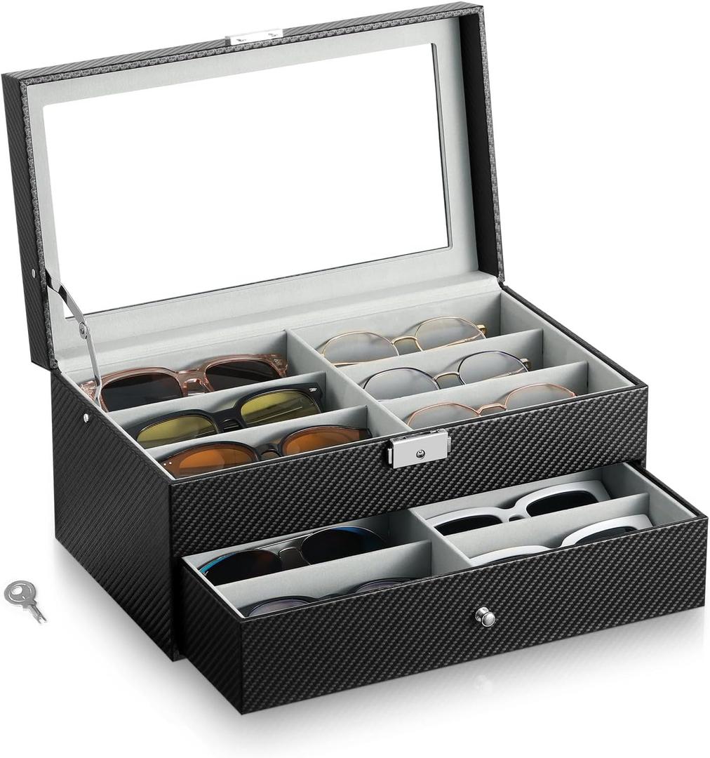 MoKo Sunglasses Organizer, Leather Sunglass Display Collection Holder Case with Drawer Clear Glass Lid (Black)