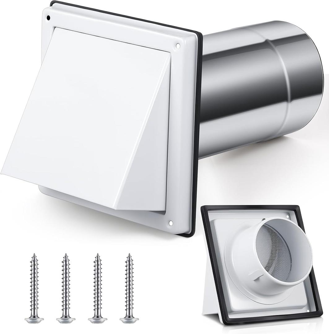 Gisafai 4" Dryer Vent Cover Outside with Stainless Steel Guard Wall Dryer Exhaust Cap and Removable Extended Pipe Vent Shroud Hood Cushioned Non Return Flap with Sealing Gasket Grille(White)