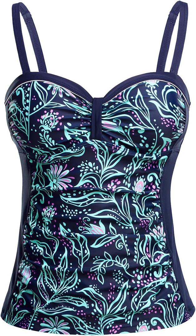 Talisea Women's Underwire Tankini Top Only Tummy Control Swimsuit Top Push Up Bathing Suit Top No Bottom Blue Flower L