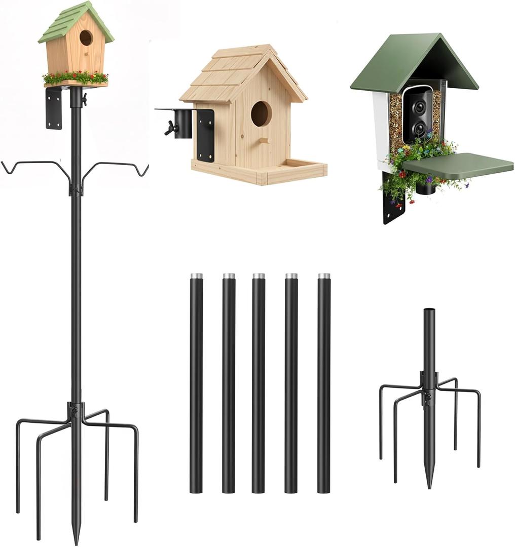 Bird Feeder Pole Kit, 95 Inch, Metal Heavy Duty Bird House Pole with 5-Prong Base, Hook for Hanging Bird Feeders