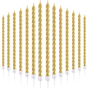 30 Pieces Birthday Candles Spiral Cake Candles Metallic Cupcake Candles Long Thin Cake Candles in Holders for Birthday Wedding Party Cake Decorations (Gold)