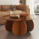 Modern Round Coffee Table with Solid Wood Legs, 31.5'' Glass Coffee Tables for Living Room Rustic Circle Center Cocktail Table with Tempered Glass-Top, Unique Accent Table for Small Spaces (Walnut + Brown)