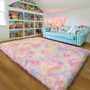 Thick Area Rug 5x8 Unicorn Fluffy Shag for Girls Bedroom, Rainbow Soft Fuzzy Furry Shaggy Pastel Rug for Living Room,Thickened Washable Non Slip Princess Kids Nursery Boys Dorm Room Carpets (5'x8', A-rainbow-thick)