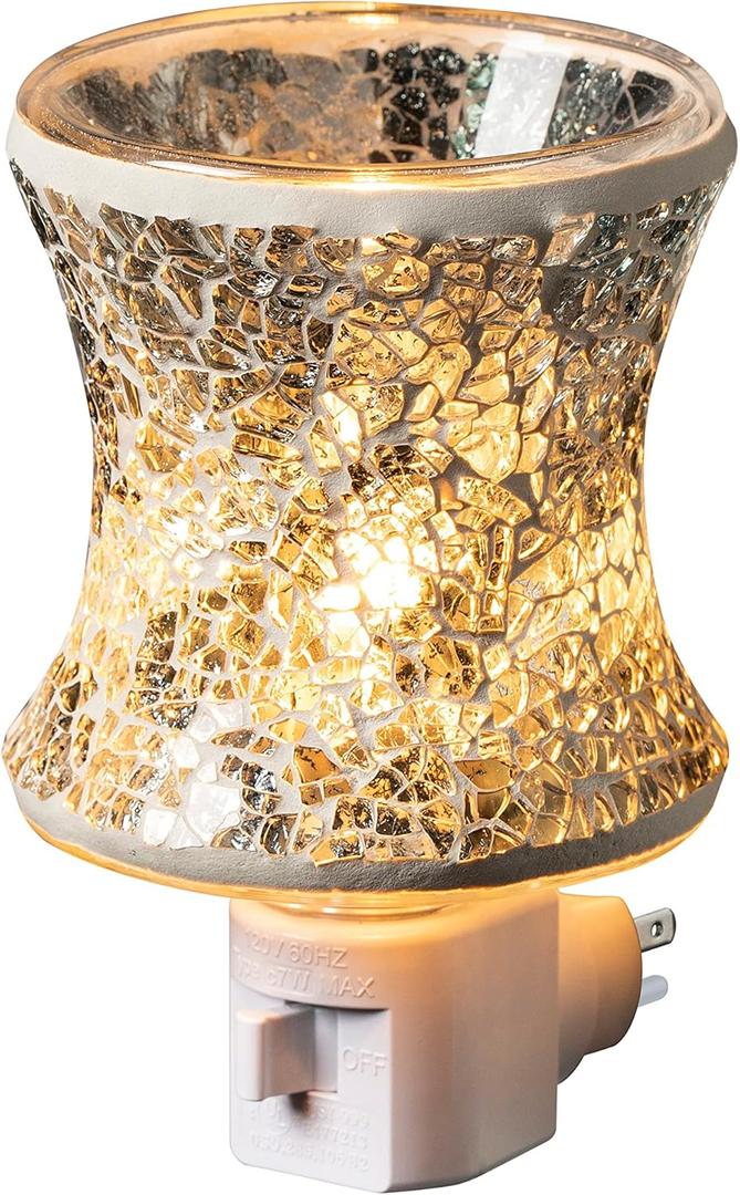 Mosaic Glass Plug-in Fragrance Wax Melt Warmer, Decorative Pluggable Night Light (Silver Grey)