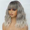 MINLEE Ombre Gray Wig with Bangs for Women 14 Inch Short Bob Wavy Curly Wig Grey Hair Wigs Heat Resistant Synthetic Wigs