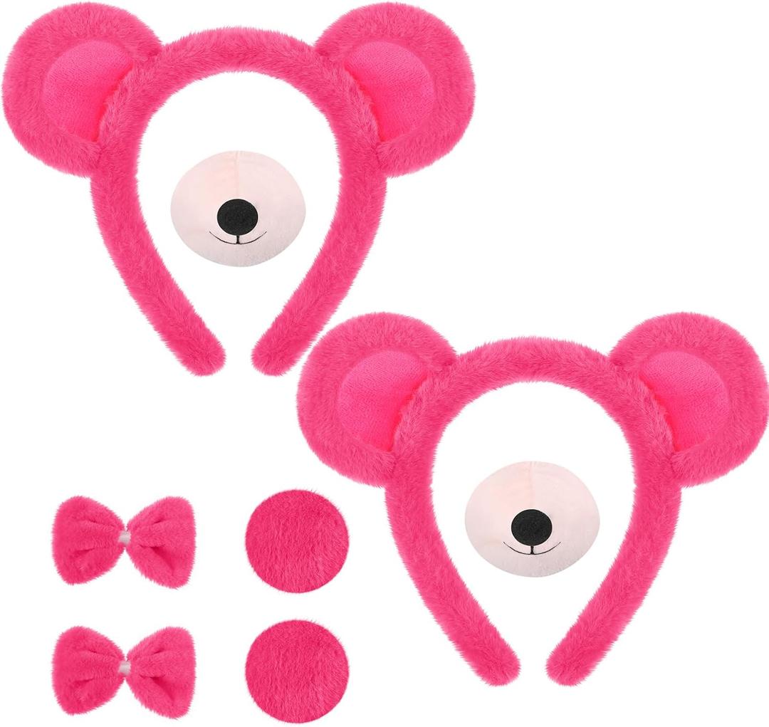 8 Pcs Halloween Bear Costume for Adult Bear Ears Headband Tail Nose Animal Accessory for Carnival Cosplay (Rose Red)