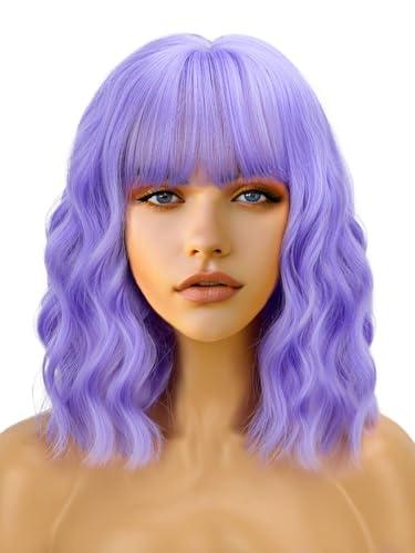 FREEMEIGE Purple Short Bob Wavy Wig with Bangs for Women Loose Curly Shoulder Length Synthetic Cosplay Wig Bob for Girl Colorful