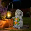 Solar Rabbit Garden Statue with Lantern Waterproof Resin Outdoor Decor for Yard, Lawn, Patio, Garden Gift for Easter, Christmas, Housewarming Solar Garden Decor