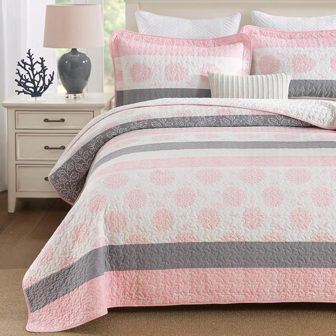 Homzard 100% Cotton Quilts Queen Size, Floral Pink Comforter Set Queen Size,Pink White Grey Bedding Set,Lightweight Floral Pattern Bedspread Set 3 Piece All Season Coverlet | cotton quilt set