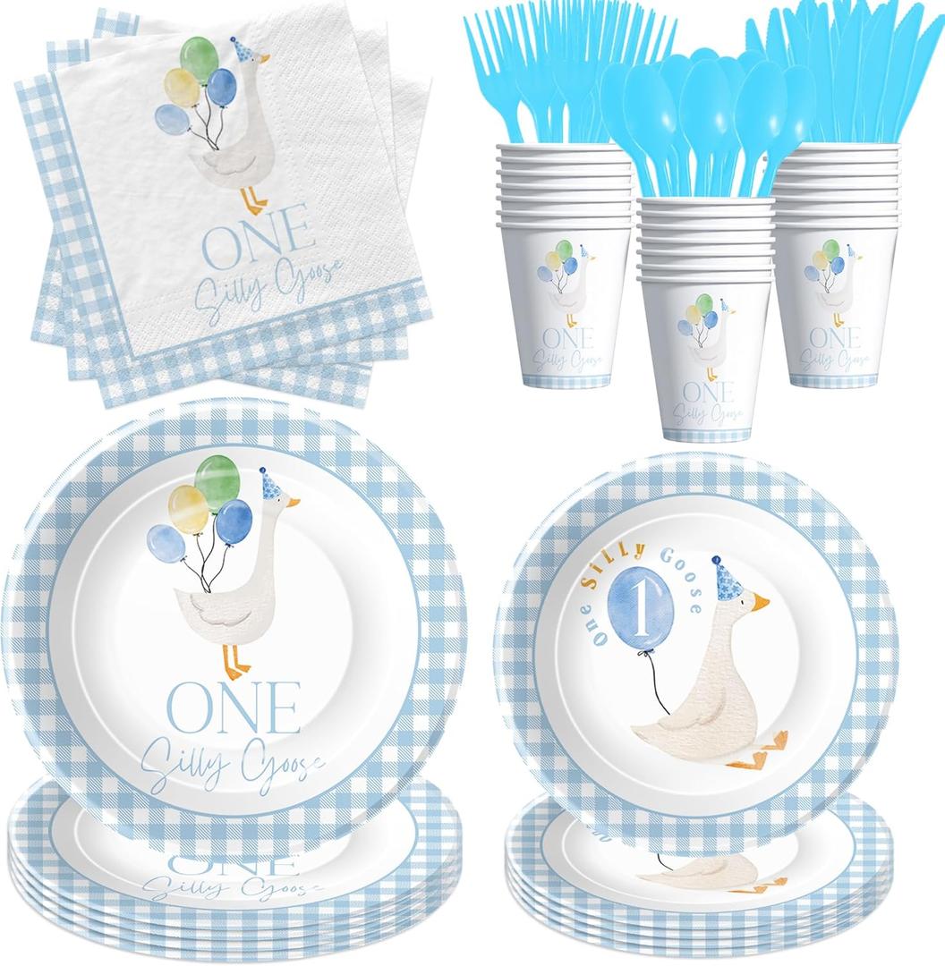 One Silly Goose First Birthday Plates and Napkins Party Decorations for Boys Tableware, Blue Goose 1st Birthday Party Supplies, Disposable Paper Plate, Cup, Napkin, Cutlery, 24 Guests