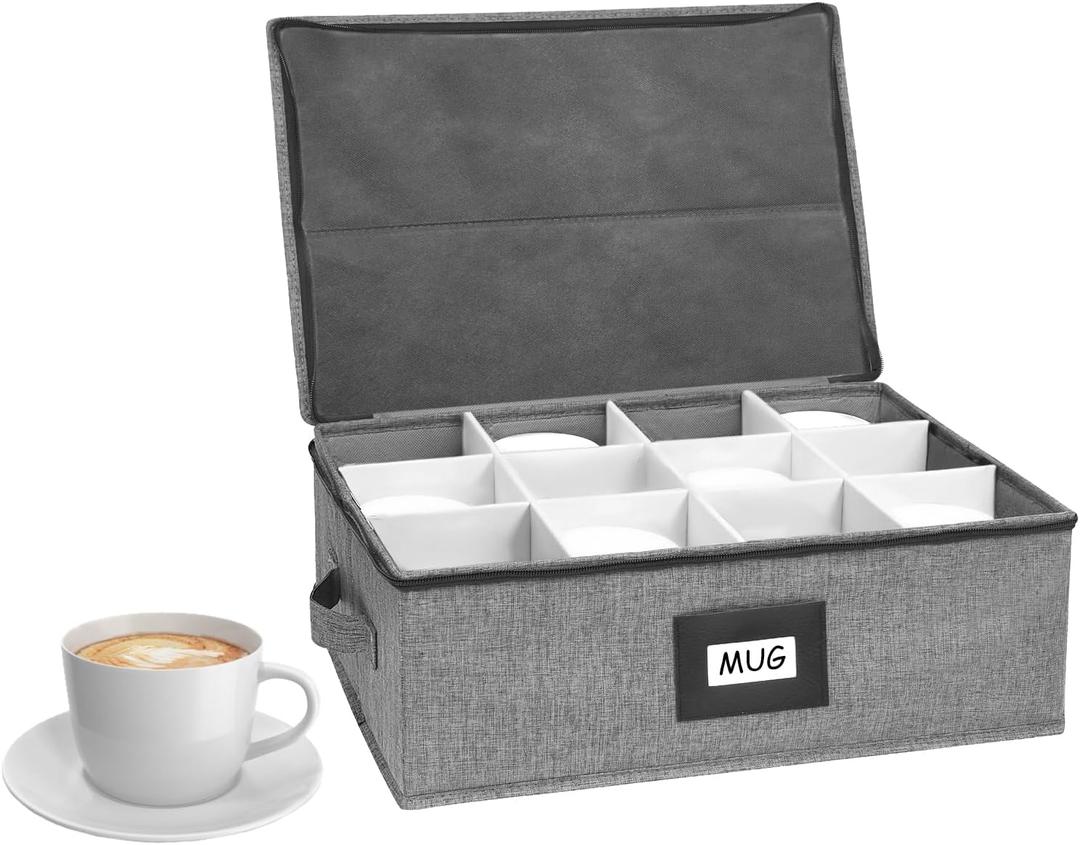 HURZMORO Mug Storage Box with 12 Compartments, Gray Hard Shell Container, Padded Dividers, Dual Handles, Zipper Lid for Coffee Cup Organization and Moving (1, Coffee Cup Storage Box)