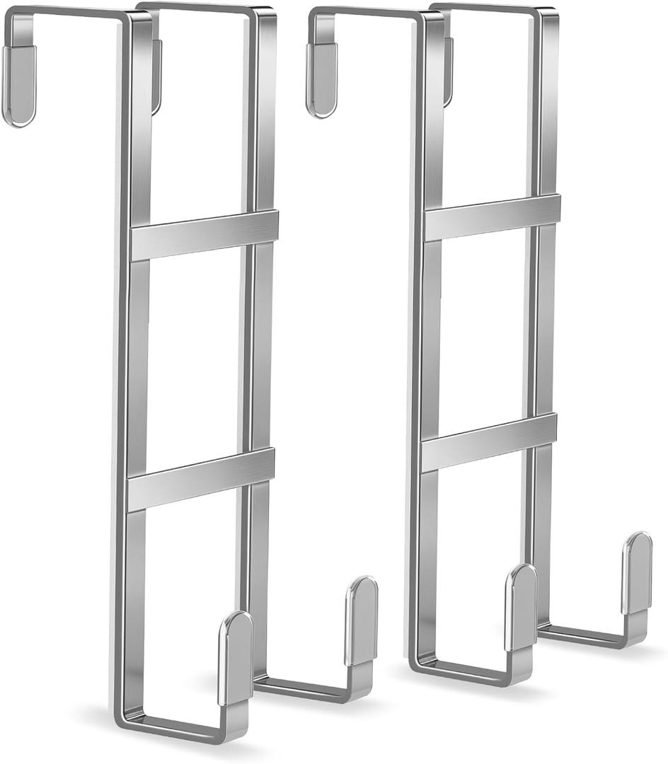 FYY 2 Packs Over The Door Hooks, Double Sided Door Hanger Hook - Heavy Duty No Drill Wall Hooks for Hanging Coats, Towels, Bags, Kitchen Closet Fits Most Doors Up to 1-7/8" Thickness (7.8" L, Silver)
