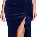 VFSHOW Womens Formal Prom Elegant Ruffle One Shoulder Beaded Strap Ruched Slit Maxi Dress Wedding Evening Long Gown (Medium, Dark Blue Velvet)