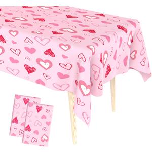 2 x Valentines Tablecloth, 4 PCS Disposable Plastic Valentines Day Tablecloth, 54 x 109 Inch Valentine Pink Table Cloth Rectangle, Heart Table Cover for Valentine Day Wedding