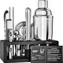 Mixology Bartender Kit with Stand - 15 Piece Bar Tool Set, Silver Bar Set Cocktail Shaker Set for Drink Mixing - Includes Martini Shaker, Jigger, Strainer, Bar Mixer Spoon, Tongs, Opener | Gift Idea, Silver/Black